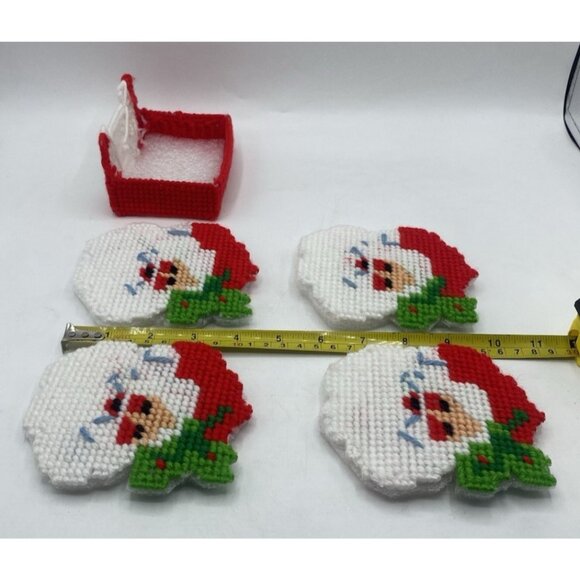 Christmas Plastic Canvas Coasters Set of 4 with Holder Mug Cup Kitsch Retro - Picture 8 of 14